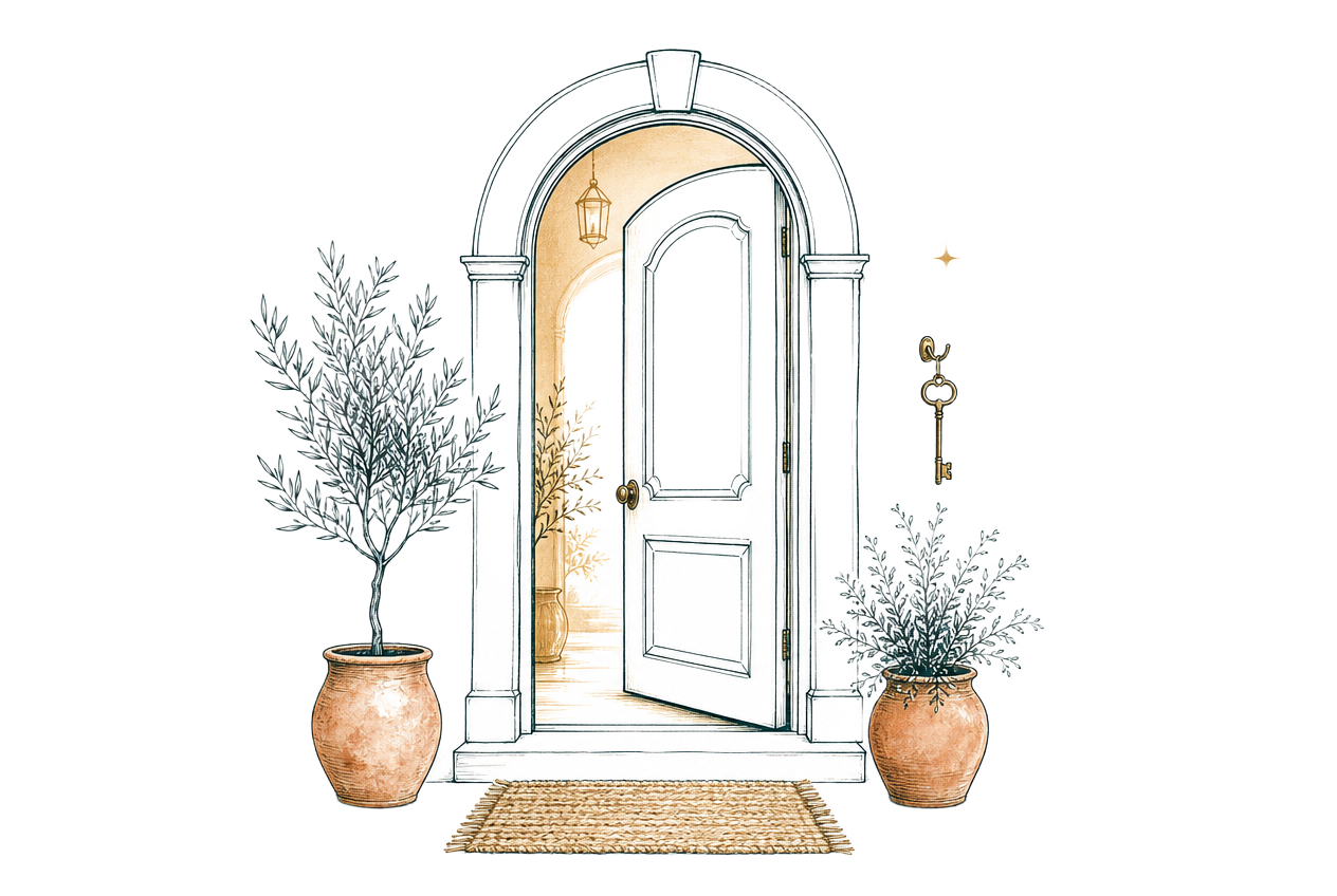 An open, warmly lit doorway with potted plants and a brass key